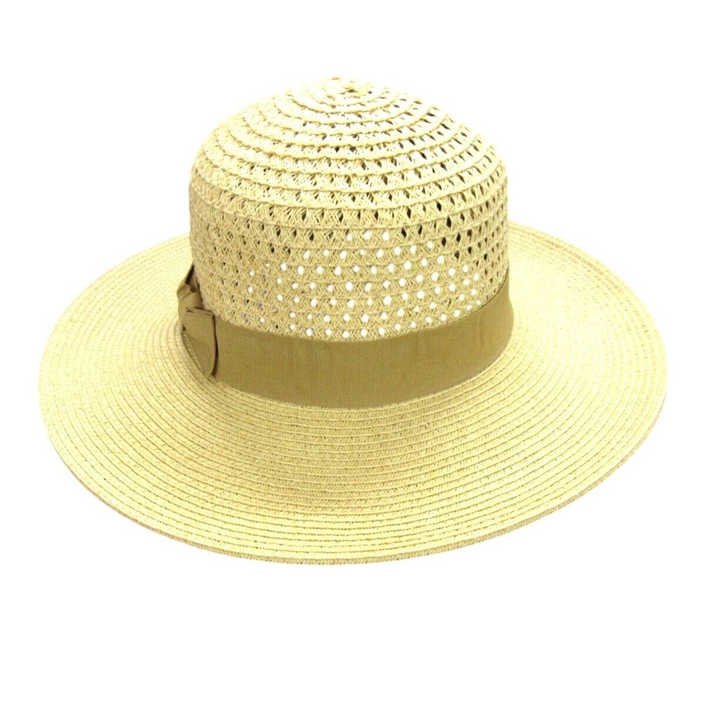 THE HATTER COMPANY Wide Brim Hat NATURAL/BEIGE Sun Hat BEACH VENTED TOP Ribbon
